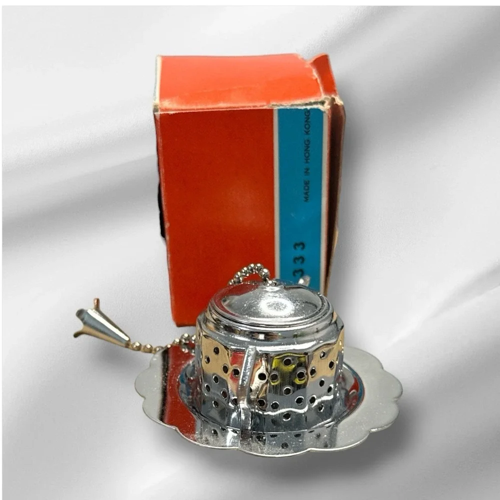 Lillian Vernon Tea Infuser Teapot Tray Stainless Steel Vintage Original Box